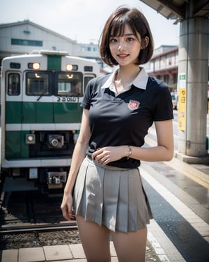 OsakaMetro20, train, scenery, outdoors, real world location, train station, building, day, railroad tracks, 
(1girl solo:1.5), Full Body Shot, ((solo focus)), black hair, short sleeves, blurry, school uniform, a student standing on the platform at a railway station, 
(Top Quality, Masterpiece), Realistic, Ultra High Resolution, Complex Details, Exquisite Details and Texture, Realistic, Beauty, japanese litlle girl, ((Amused, Laugh)), (super-short-hair:1.2), bangs, (Thin Body), round face, (flat chest:1.0), ,dream_girl,Nature,midjourney,Realism,pastelbg,school uniform