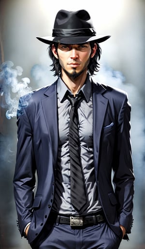 (1male solo:1.2), (full Body:1.2), from front, from above, ((solo focus)), (blurry), (Infuriated face:1.0), looking away, jigen daisuke, haggard face, black hair, (very long back hair:1.8), (sideburns), (long goatee:2.0), (wear a black hat over his eyes:1.2), navy blue suit, worn out suit, gray shirt, loose black tie, (smoke the butts:1.2), (Smith&Wesson Model19 in righthand:1.8), (shoot the gun:1.5), (skinny body, long limbs:1.2), 
(Top Quality, Masterpiece), Realistic, Ultra High Resolution, Complex Details, Exquisite Details and Texture, Realistic, Stylish,SalomanElfric, ,more detail XL