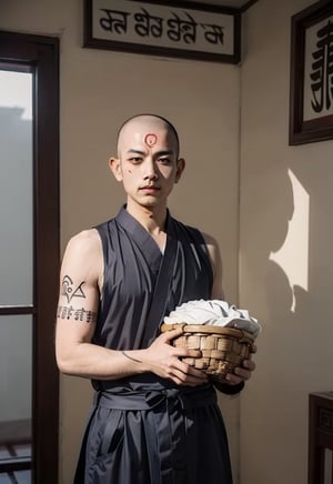 ((full nakid:1.3)), a buddhist monk, ((shaved head:1.3)), ((all over skin written Sutras in Sanskrit:1.3)), 
A monk is a person who leaves home and enters the Buddhist monastery. A person who follows the teachings of Buddhism and practices ascetic practices. 1boy,HOG_Calligraphy_Tatoo, basket