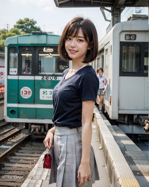 OsakaMetro20, train, scenery, outdoors, real world location, train station, building, day, railroad tracks, 
(1girl solo:1.5), From Side, ((solo focus)), black hair, short sleeves, blurry, school uniform, a student standing on the platform at a railway station, 
(Top Quality, Masterpiece), Realistic, Ultra High Resolution, Complex Details, Exquisite Details and Texture, Realistic, Beauty, japanese litlle girl, ((Amused, Laugh)), (super-short-hair:1.2), bangs, (Thin Body), round face, (flat chest:1.0), ,dream_girl,Nature,midjourney,Realism,pastelbg,school uniform