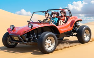 Dune Buggy, Lupin the 3rd, Lupin and Fujiko driving buggy, 
(full body:1.0), from bellow, high quality skin texture rendering, curved body, masterpiece, 8k, high resolution, ghibli, ,r0b0cap