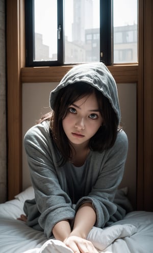 A close-up shot of a disheveled and confused young woman sitting on the edge of a single bed in a small, enclosed space. The room is surrounded by windowless walls, with artificial lighting casting an eerie glow. Her eyes are wild with fear as she looks around the cramped quarters, her hands grasping at the fabric of the bedding as if searching for escape.