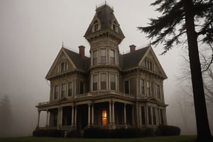 score_9, score_8_up, score_7_up, Generate a real life image of a Victorian era haunted house. Abandoned Victorian mansion, night time, foggy night, ghosts appear in the windows.