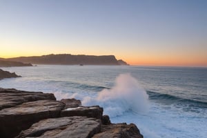 score_9, score_8_up, score_7_up, Generate an image of the most serene sunset overlooking the ocean. Rocky cliffs can be seen in the background, ocean mist as waves crash against the rocky surface. An orange glow of the golden hour is cast upon the image, symbolic of another day nearly over but comfort that life is good.