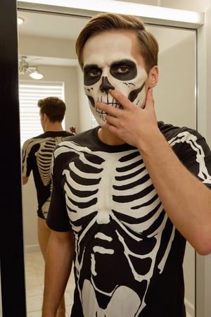 score_9, score_8_up, score_7_up, Generate an image of a man alone, looking into the bathroom mirror, putting on skeleton makeup on his face. Wearing a skeleton shirt, you can see the back of the man as he looks into the mirror applying his halloween makeup