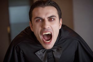 score_9, score_8_up, score_7_up, Generate a real life image of a Vampire coivering his mouth with his black cape, Detailed eyes, mysterious eyes fixed on the viewer. ((fangs)),Fang