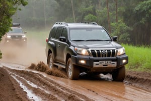 score_9, score_8_up, score_7_up, Generate a real life image of a Toyota Landcruiser Prado racing through an offroad trail in the late afternoon in the rain. Raining hard, muddy