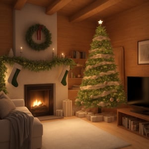 Generate hyper realistic image of a beautiful Christmas tree, in a cozy cabin at night