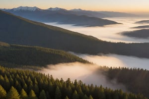 score_9, score_8_up, score_7_up, Generate an image of the most serene morning overlooking a desolate forest from above. Tree covered mountains can be seen in the background, small traces of fog. A yellow glow of the sun rising is cast upon the image, symbolic of another day ready to begin.