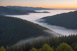 score_9, score_8_up, score_7_up, Generate an image of the most serene morning overlooking a desolate forest from above. Tree covered mountains can be seen in the background, small traces of fog. A yellow glow of the sun rising is cast upon the image, symbolic of another day ready to begin.