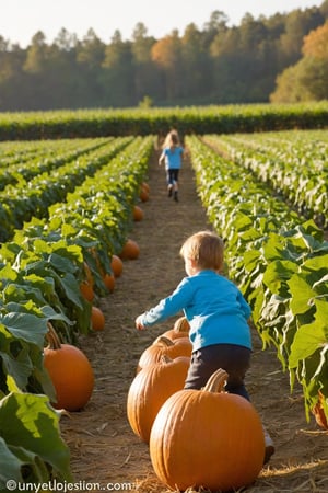 score_9, score_8_up, score_7_up, Generate an image of a pumpkin patch, pumpkins for sale, corn maze, pumpkin vinyard in the background, children running around. Late afternoon sunset.