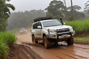 score_9, score_8_up, score_7_up, Generate a real life image of a Toyota Landcruiser Prado racing through an offroad trail in the late afternoon in the rain. Raining hard, muddy, dark and overcast 