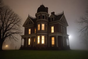 score_9, score_8_up, score_7_up, Generate a real life image of a Victorian era haunted house. Abandoned Victorian mansion, night time, foggy night, ghosts appear in the windows.