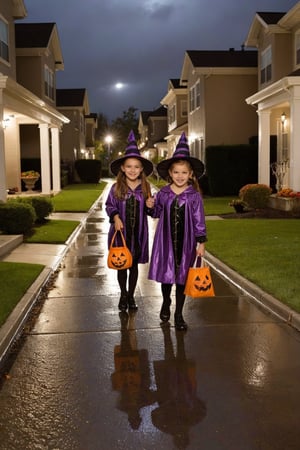 score_9, score_8_up, score_7_up, Generate an image of a dark neighborhood sidewalk at night, ground slightly wet from rain. There are kids in costumes holding bags, they are walking around trick or treating.