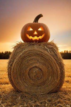 score_9, score_8_up, score_7_up, Generate an image of a pumpkin, carved into a jack-o-lantern, on top of a bale of hay. Later afternoon sunset.