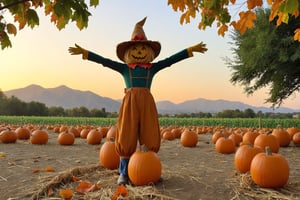 score_9, score_8_up, score_7_up, Generate a real life image of a scarecrow in the middle of a pumpkin patch. Tree filled mountains can be seen in the far background. It is the golden hour of the late afternoon. 