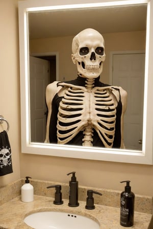 score_9, score_8_up, score_7_up, Generate an image of a man alone, looking into the bathroom mirror, putting on skeleton makeup on his face. Wearing a skeleton shirt.