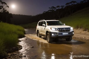 score_9, score_8_up, score_7_up, Generate a real life image of a Toyota Landcruiser Prado racing through an offroad trail as it crosses a shallow creek iat night, full moon glowing.