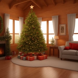 Generate hyper realistic image of a beautiful Christmas tree, in a cozy cabin at night. Christmas decorations everywhere!