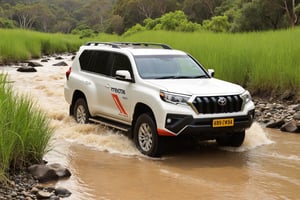 score_9, score_8_up, score_7_up, Generate a real life image of a Toyota Landcruiser Prado racing through an offroad trail as it crosses a shallow creek in the late afternoon.