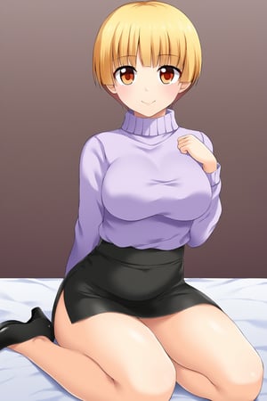 A cute sexy woman beautiful round blonde hair short tousled cut her slanted orange eye wears simple light purple blouse under white sweater and a tight black skirt black heel