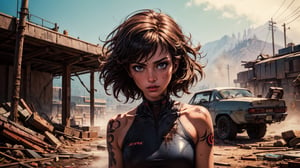 (masterpiece, best quality, ultra-detailed, 8K),, (colorful), (seductive) ,(cinematic)  , 1 girl, solo, , tatoos, dirty, dusty, upper body,
This image conveys a sense of confidence, independence, and strength in women.
,retroartstyle