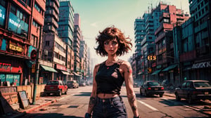 (masterpiece, best quality, ultra-detailed, 8K),, (colorful), (seductive) ,(cinematic)  , 1 girl, solo, , tatoos, dirty, dusty, upper body,
city highway, under the bright neon lights, This image conveys a sense of confidence, independence, and strength in women.
,retroartstyle