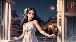  (masterpiece,  high quality,  best quality),(beautiful background), ,  (colorful),  (seductive),
 , 1girl solo, short dress , 30 year old,  cold face, tattoos, thinking , long hair, long eyelashes, thick eyelashes, multicolored ribbon,collar bone, (medium breasts),outdoor, night city, (night), window,  cowboy shot, ,jisoo,