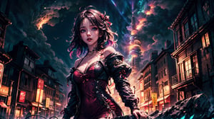 (masterpiece, best quality, ultra-detailed, perfect face)
(beautiful fantasy background), (best quality), (colorful), (seductive),(on a date) , (night city )(neo light ) ,1girl , 30 year old,short dress, multicolored ribbon, ((medium breasts)), , from below,iu,fantasy00d