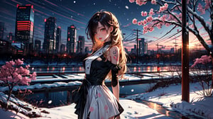 (masterpiece,  high quality,  best quality),(best quality), (seductive)
, 1girl, 27 year old ,solo, tatoos ,upper body, kitagawa marin sb, 
beautiful lady, long hair, perfect body, medium breasts , dress, knee high socks, bareshoulders,city and cherry blossom background, futuristic background, depth of field, aesthetic, night city, winter outfit, snow, from side,cowboy shot