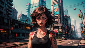 (masterpiece, best quality, ultra-detailed, 8K),, (colorful), (seductive) ,(cinematic)  , 1 girl, solo, , tatoos, dirty, dusty, upper body,
city highway, under the bright neon lights, This image conveys a sense of confidence, independence, and strength in women.
,retroartstyle