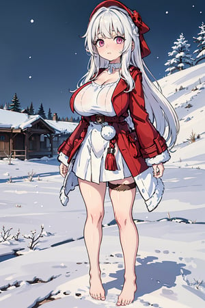 (masterpiece), best quality, perfect face, expressive eyes, young, (loli:1.2), large eyes, (huge breasts:1.2), (standing:1.2), snowy village, clara, white hair, long hair, pink eyes, bare_feet, hair intakes, white choker, thigh strap, red jacket, red coat, white dress, oppai_loli