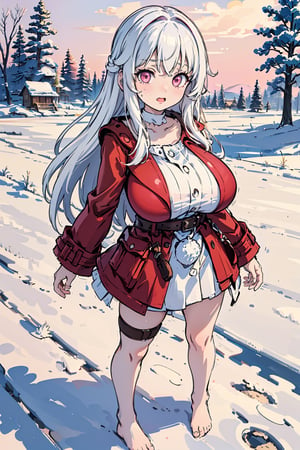 (masterpiece), best quality, perfect face, expressive eyes, young, (loli:1.2), large eyes, (huge breasts:1.2), happy, (standing:1.2), snowy village, clara, white hair, long hair, pink eyes, bare_feet, hair intakes, white choker, thigh strap, red jacket, red coat, white dress, oppai_loli