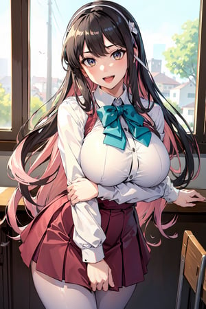 (masterpiece), best quality, incredibly absurdres, highres, high detail eyes, high detail background, perfect face, expressive eyes, (huge breasts:1.2), standing, smile, open mouth, classroom, hmngnm, naganami \(kancolle\), multicolored hair, white hairband, white jacket, purple dress, school uniform, grey pantyhose, aqua bowtie, long sleeves