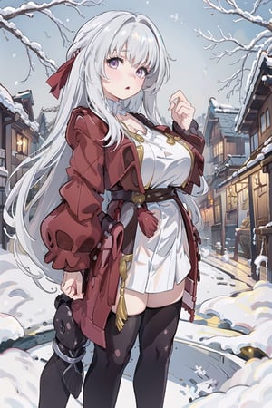 (masterpiece), best quality, perfect face, expressive eyes, young, (loli:1.2), large eyes, (huge breasts:1.2), (standing:1.2), snowy village, oppai_loli, clara, honkai_star_rail
