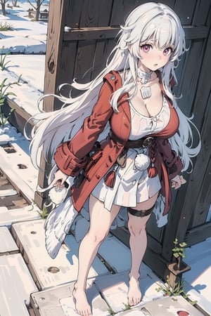 (masterpiece), best quality, perfect face, expressive eyes, young, (loli:1.2), large eyes, (huge breasts:1.2), (standing:1.2), snowy village, oppai_loli, clara, white hair, long hair, pink eyes, bare_feet, hair intakes, white choker, thigh strap, red jacket, red coat, white dress