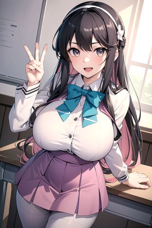 (masterpiece), best quality, incredibly absurdres, highres, high detail eyes, high detail background, perfect face, expressive eyes, (huge breasts:1.2), standing, smile, open mouth, classroom, hmngnm, naganami \(kancolle\), multicolored hair, white hairband, white jacket, purple dress, school uniform, grey pantyhose, aqua bowtie, long sleeves