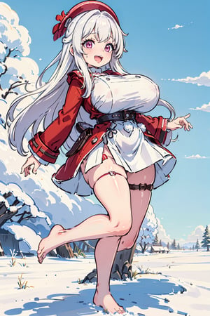 (masterpiece), best quality, perfect face, expressive eyes, young, (loli:1.2), large eyes, (huge breasts:1.2), smile, happy, open mouth, (cheerful pose:1.2), snowy village, clara, white hair, long hair, pink eyes, bare_feet, hair intakes, white choker, thigh strap, red jacket, red coat, white dress, oppai_loli