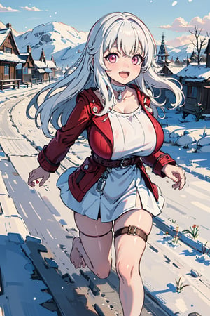 (masterpiece), best quality, perfect face, expressive eyes, young, (loli:1.2), large eyes, (huge breasts:1.2), smile, happy, open mouth, (running:1.2), snowy village, clara, white hair, long hair, pink eyes, bare_feet, hair intakes, white choker, thigh strap, red jacket, red coat, white dress, oppai_loli