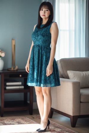 Ultra high resolution, 8k wallpaper, sharp focus, single, mature woman, long hair, black hair, faint smile, light blue dress, ((full_body)), looking at the viewer, standing in the living room