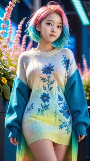 illustrator, anime , full body, realistic , sketch , 1girl, ,lip, Sweater,order, Blue gradient background, Neon hair,Textured crop, Canadian, (masterpiece,best quality) wearing wooly long dress and coat,  full body, flowers bloom and lighting bokeh as background,xxmix_girl
