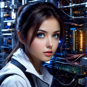 beautiful girl repairing a quantum computer, large ultra detailed technical parts, complex structures, ultra detailed shiny reflections, future style, detailed cinematic effects, ultra detailed reflections, ultra animated detailed digital art, beautiful realistic face, beautiful eyes, perfect focus, highest possible resolution, by Tokaito,sexy
