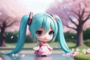 ((1 female)), Hatsune Miku, petite girl, full body, chibi, 3D figure little girl, green hair, twintails, beautiful girl with attention to detail, beautiful delicate eyes, detailed face, beautiful eyes, cherry blossom pattern Kimono, dynamic beautiful pose, cherry blossom viewing, cherry blossoms, cherry blossom petals, natural light, ((real) ) quality: 1.2 )), dynamic long distance shot, cinematic lighting, perfect composition, super detail, official art, masterpiece, (Best Quality: 1.3), Reflection, High Resolution CG Unity 8K Wallpaper, Detailed Background, Masterpiece, (Photorealistic): 1.2), Random Angle, ((Cherry Blossom Print Kimono 1.4)), Side Angle, Chibi, Full Body , mikdef.