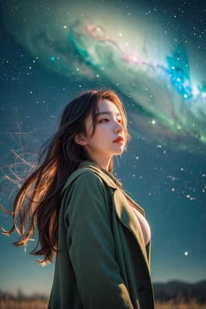 (close-shot photo:1.4) of a beatutiful woman wearing a long coat on a open field, embers of memories, colorful, (photo-realisitc), nebula background, nebula theme,exposure blend, medium shot, bokeh, (hdr:1.4), high contrast, (cinematic, teal and green:0.85), (muted colors, dim colors, soothing tones:1.3), low saturation,fate/stay background,yofukashi background,(pureerosface_v1:0.8), (ulzzang-6500-v1.1:0.8),breasts