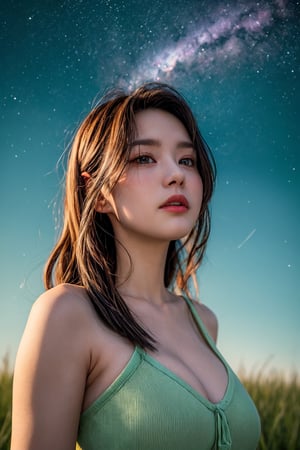 (close-shot photo:1.4) of a beatutiful woman wearing white underwear and cardigan on a open field, embers of memories, colorful, (photo-realisitc), nebula background, nebula theme,exposure blend, medium shot, bokeh, (hdr:1.4), high contrast, (cinematic, teal and green:0.85), (muted colors, dim colors, soothing tones:1.3), low saturation,fate/stay background,yofukashi background,(pureerosface_v1:0.8), (ulzzang-6500-v1.1:0.8),breasts,Beautiful eyes ,ASU1,bare shoulders,dream_girl, naked, perfect hands, perfect body