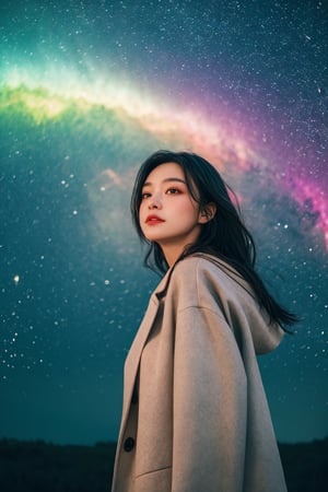 (close-shot photo:1.4) of a beatutiful woman wearing a long coat on a open field, embers of memories, colorful, (photo-realisitc), nebula background, nebula theme,exposure blend, medium shot, bokeh, (hdr:1.4), high contrast, (cinematic, teal and green:0.85), (muted colors, dim colors, soothing tones:1.3), low saturation,fate/stay background,yofukashi background,(pureerosface_v1:0.8), (ulzzang-6500-v1.1:0.8),breasts