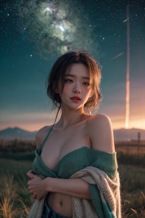 (close-shot photo:1.4) of a beatutiful woman wearing white underwear and cardigan on a open field, embers of memories, colorful, (photo-realisitc), nebula background, nebula theme,exposure blend, medium shot, bokeh, (hdr:1.4), high contrast, (cinematic, teal and green:0.85), (muted colors, dim colors, soothing tones:1.3), low saturation,fate/stay background,yofukashi background,(pureerosface_v1:0.8), (ulzzang-6500-v1.1:0.8),breasts,Beautiful eyes ,ASU1,bare shoulders,dream_girl, naked, perfect hands, perfect body