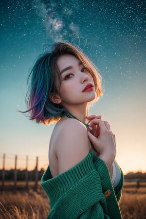 (close-shot photo:1.4) of a beatutiful woman wearing white underwear and cardigan on a open field, embers of memories, colorful, (photo-realisitc), nebula background, nebula theme,exposure blend, medium shot, bokeh, (hdr:1.4), high contrast, (cinematic, teal and green:0.85), (muted colors, dim colors, soothing tones:1.3), low saturation,fate/stay background,yofukashi background,(pureerosface_v1:0.8), (ulzzang-6500-v1.1:0.8),breasts,Beautiful eyes ,ASU1,bare shoulders,dream_girl, naked, perfect hands, perfect body