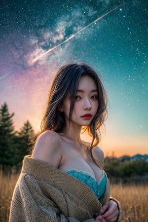 (close-shot photo:1.4) of a beatutiful woman wearing white underwear and cardigan on a open field, embers of memories, colorful, (photo-realisitc), nebula background, nebula theme,exposure blend, medium shot, bokeh, (hdr:1.4), high contrast, (cinematic, teal and green:0.85), (muted colors, dim colors, soothing tones:1.3), low saturation,fate/stay background,yofukashi background,(pureerosface_v1:0.8), (ulzzang-6500-v1.1:0.8),breasts,Beautiful eyes ,ASU1,bare shoulders,dream_girl, naked, perfect hands, perfect body