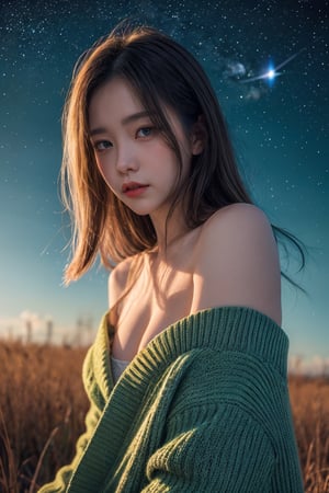 (close-shot photo:1.4) of a beatutiful woman wearing white underwear and cardigan on a open field, embers of memories, colorful, (photo-realisitc), nebula background, nebula theme,exposure blend, medium shot, bokeh, (hdr:1.4), high contrast, (cinematic, teal and green:0.85), (muted colors, dim colors, soothing tones:1.3), low saturation,fate/stay background,yofukashi background,(pureerosface_v1:0.8), (ulzzang-6500-v1.1:0.8),breasts,Beautiful eyes ,ASU1,bare shoulders,dream_girl, naked, perfect hands, perfect body